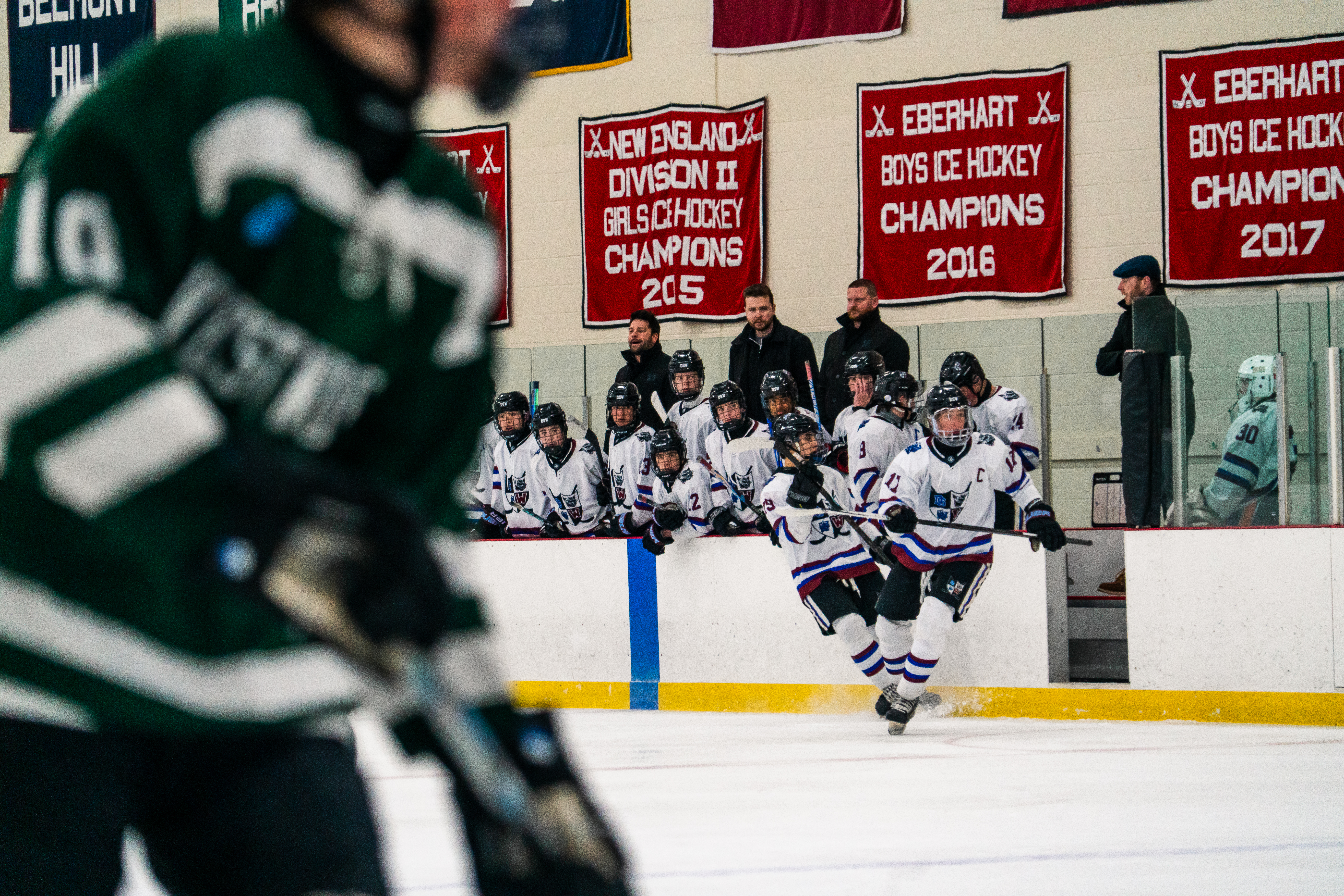 Hockey game with championship banners