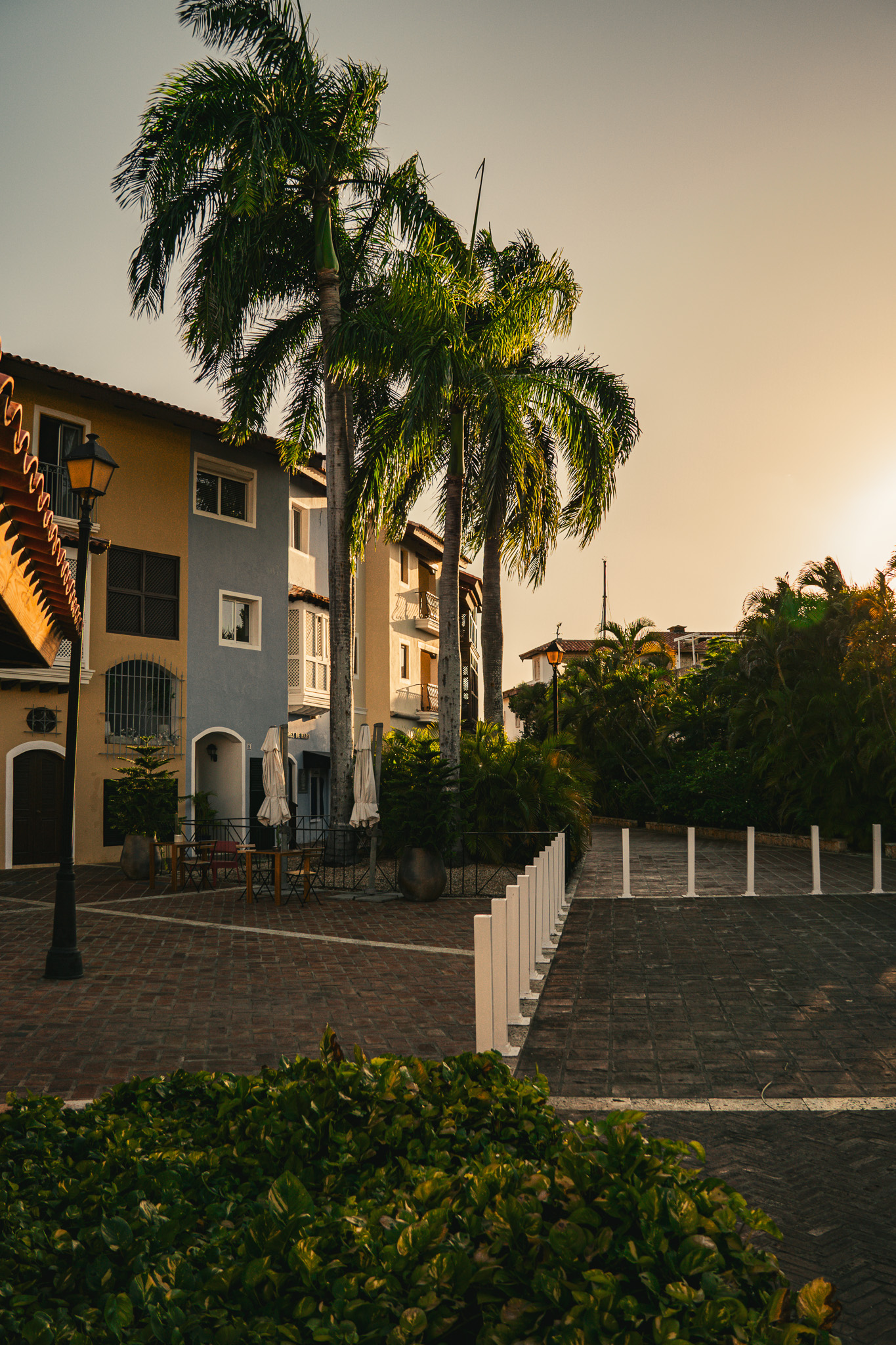 Tropical resort street at golden hour